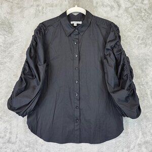 Chicos Shirt Womens 6 Black Puff Sleeve Button Front Ruched Top Blouse